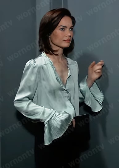 Elizabeth’s mint green pleated cuff blouse on General Hospital
