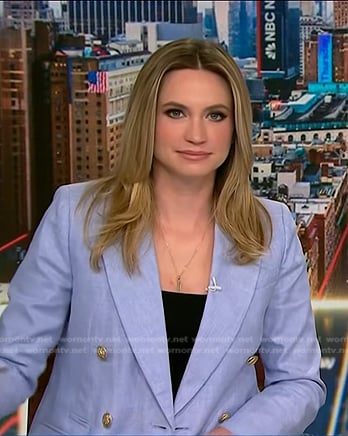 Ellison Barber’s blue double breasted linen blazer on NBC News Daily