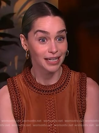 Emilia Clarke’s brown suede braided dress on Access Hollywood