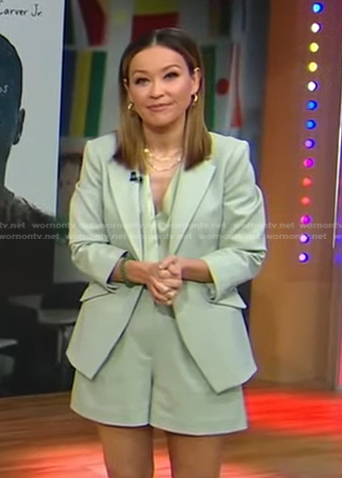 Eva’s moss green blazer and shorts on Good Morning America