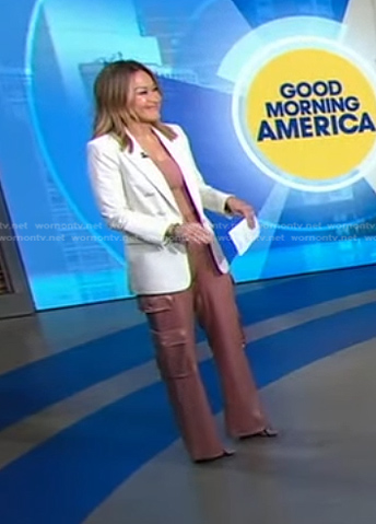 Eva’s white blazer and pink satin pants on Good Morning America