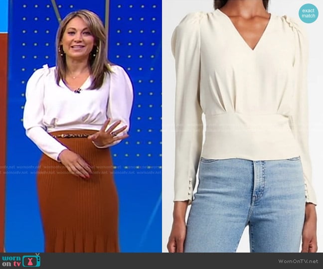 Express Solid Puff Sleeve V-Neck Top in white worn by Ginger Zee on Good Morning America