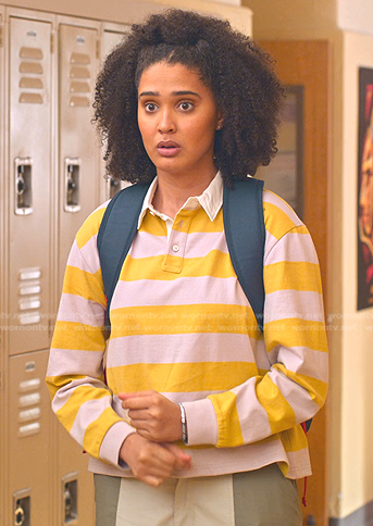 Fabiola’s yellow striped rugby shirt on Never Have I Ever
