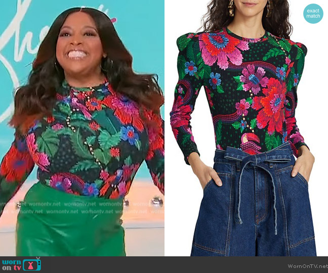 Farm Rio Blooming Garden Floral Long-Sleeve Bodysuit worn by Sherri Shepherd on Sherri