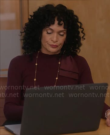Francey’s burgundy bow shoulder sweater on So Help Me Todd