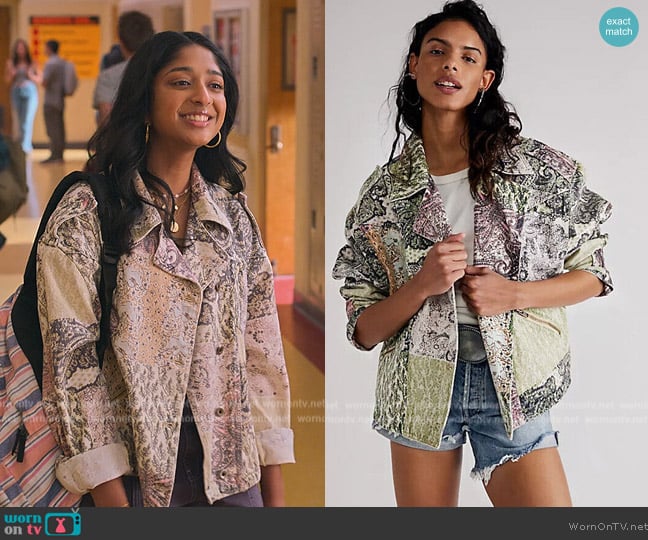 Free People Nadia Moto Jacket in Bandana Paisley worn by Devi Vishwakumar (Maitreyi Ramakrishnan) on Never Have I Ever