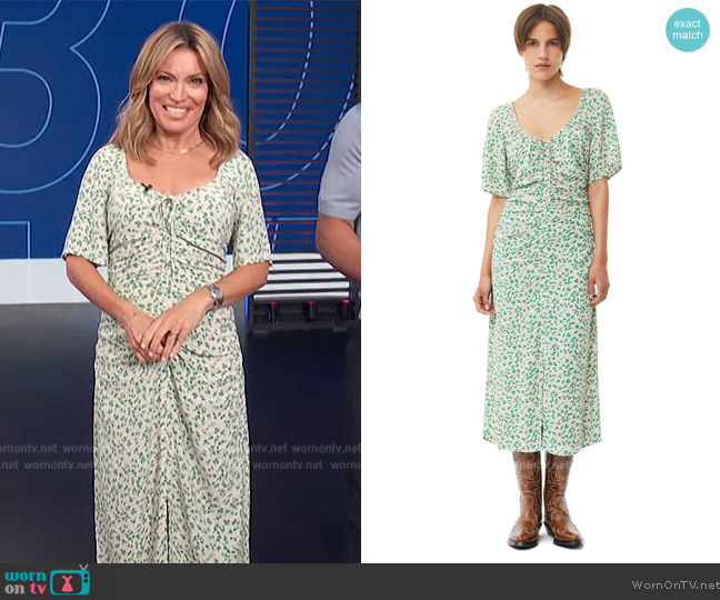 Ganni Printed Crepe U-Neck Midi Dress worn by Kit Hoover on Access Hollywood