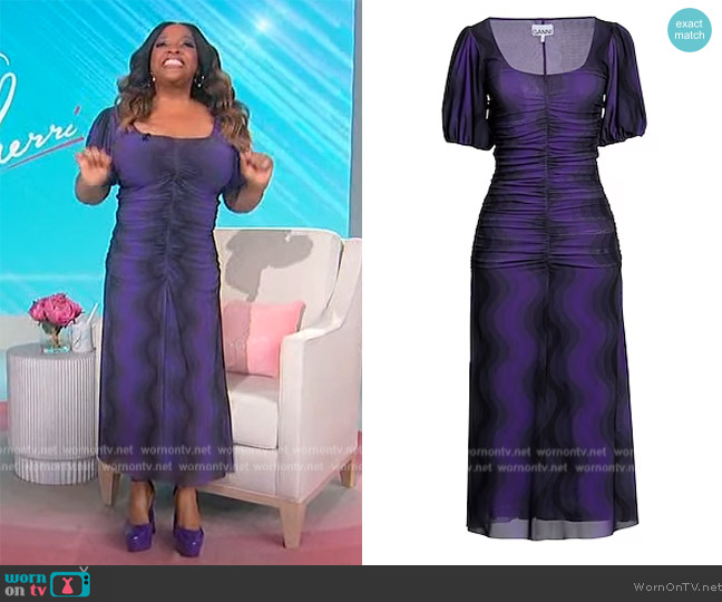 Ganni Ruched printed stretch-mesh midi dress worn by Sherri Shepherd on Sherri