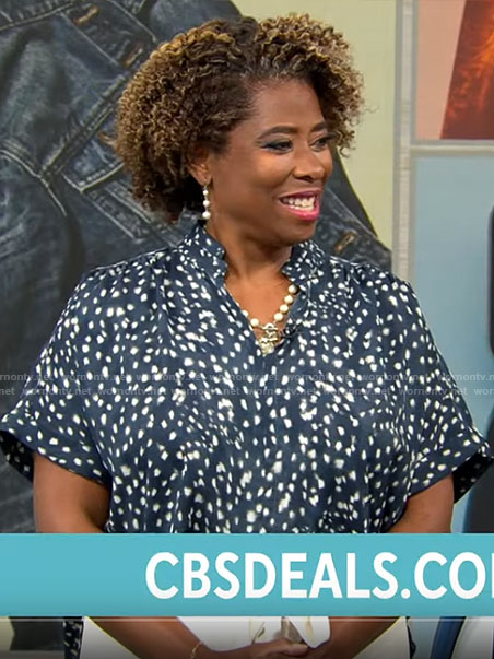 Gayle Bass’s blue dot print top on CBS Mornings