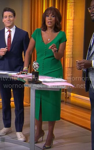 Gayle’s green button front dress on CBS Mornings