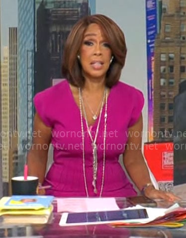 Gayle King’s pink v-neck corset sheath dress on CBS Mornings