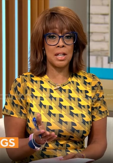 Gayle King’s yellow geometric print dress on CBS Mornings