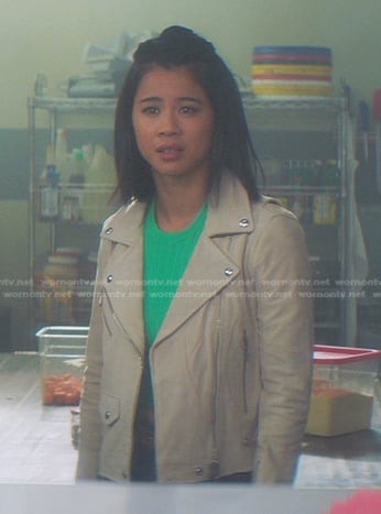 George’s beige suede moto jacket on Nancy Drew