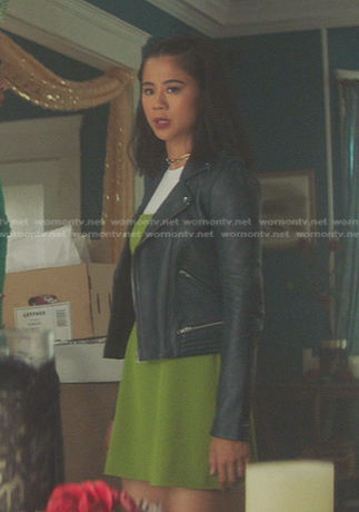 George’s black leather moto jacket on Nancy Drew