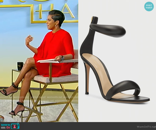 Gianvito Rossi Bijoux Puffy Napa Ankle-Cuff High-Heel Sandals worn by Tamron Hall on Tamron Hall Show