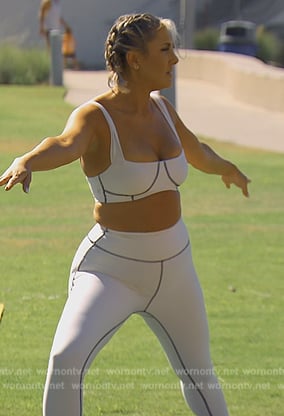Gina’s white contrast stitch top and leggings on The Real Housewives of Orange County