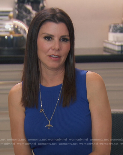 Heather’s blue ribbed sleeveless dress on The Real Housewives of Orange County