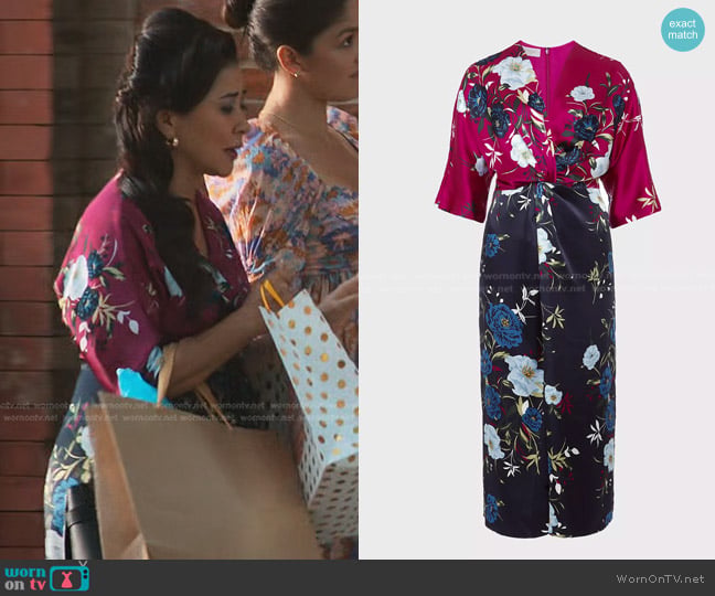 Hobbs London Farrah Satin Floral Mid Dress worn by Kimiko Mikami (Anzu Lawson) on Manifest