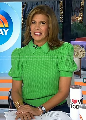 Hoda’s green cable knit puff sleeve sweater on Today