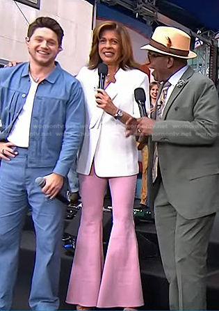 Hoda’s white ruched sleeve blazer and pink flare pants on Today