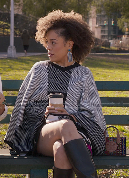 Hope’s black and white printed poncho on Run the World