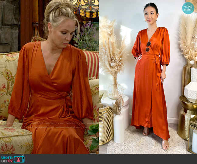 Hutch Turner Dress in Copper Satin worn by Sharon Newman (Sharon Case) on The Young and the Restless