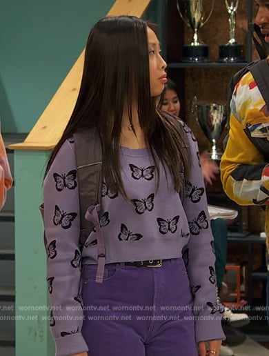 Ivy’s purple butterfly print sweatshirt on Ravens Home