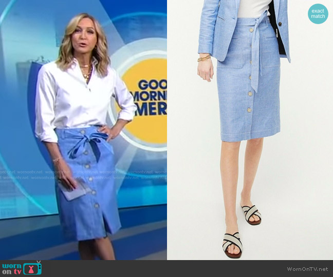 J. Crew Button-Front Skirt in stretch linen worn by Lara Spencer on Good Morning America