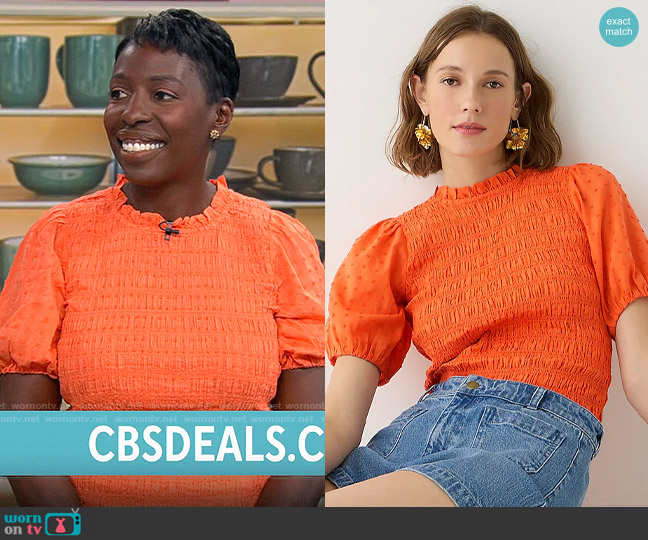 J. Crew Puff-sleeve textured voile smocked top in Fire Lily worn by Candi Carter on CBS Mornings