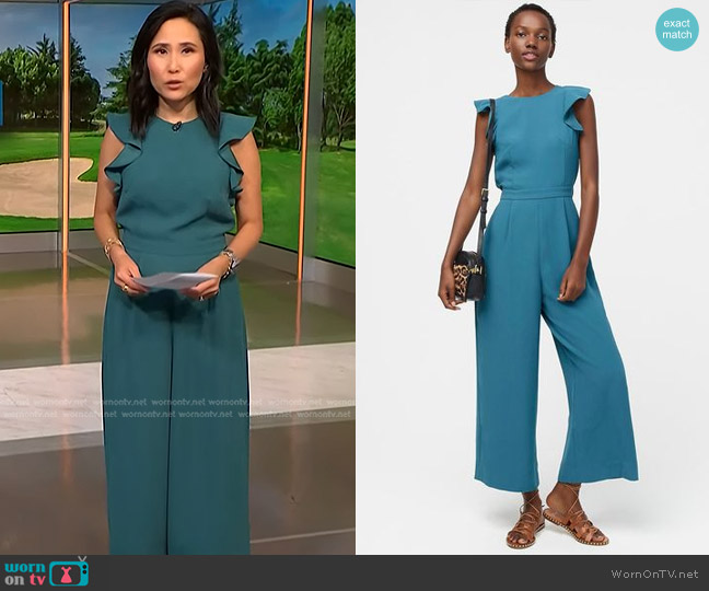 J. Crew Sleeveless ruffle jumpsuit in 365 crepe Spicy Jade worn by Vicky Nguyen on NBC News Daily