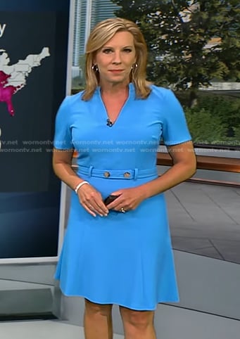 Jacqui Jeras’s blue belted fit & flare dress on CBS Evening News