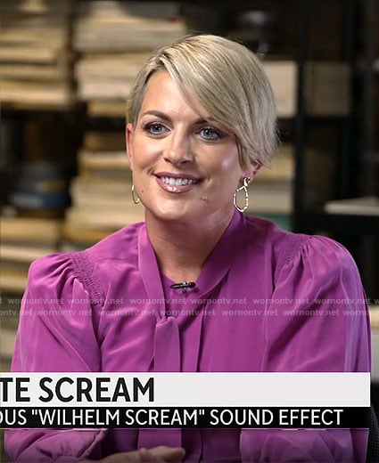 Jamie Yuccas’s magenta tie neck blouse on CBS Mornings