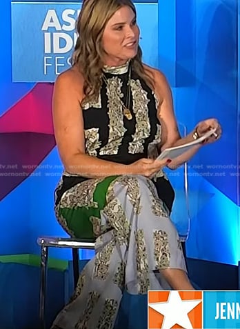 Jenna’s black floral top and colorblock pants on Today