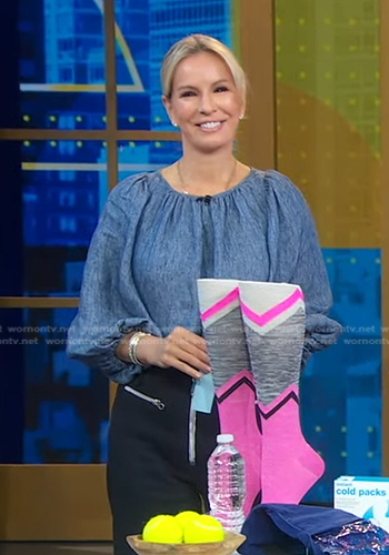 Jennifer’s blue puff sleeve top and navy zip pants on Good Morning America