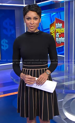Jericka’s black contrast trim knit dress on CBS Evening News