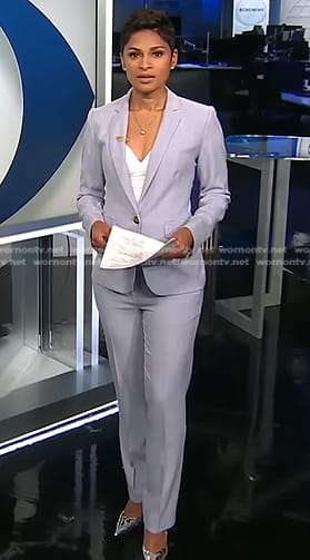 Jericka’s blue blazer and pant suit on CBS Evening News