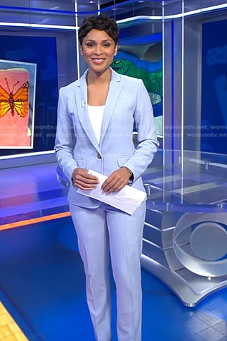 Jericka’s blue blazer and pant suit on CBS Evening News
