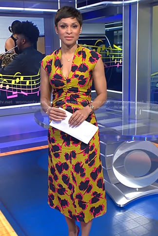 Jericka Duncan’s yellow abstract print dress on CBS Evening News