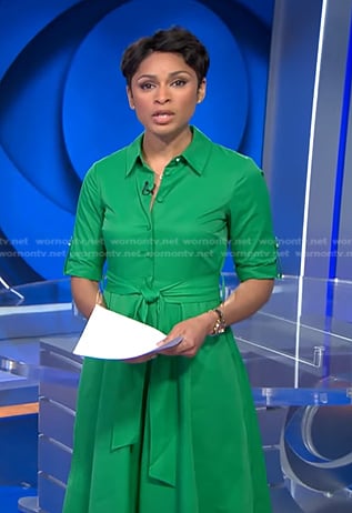 Jericka’s green tie waist shirtdress on CBS Evening News