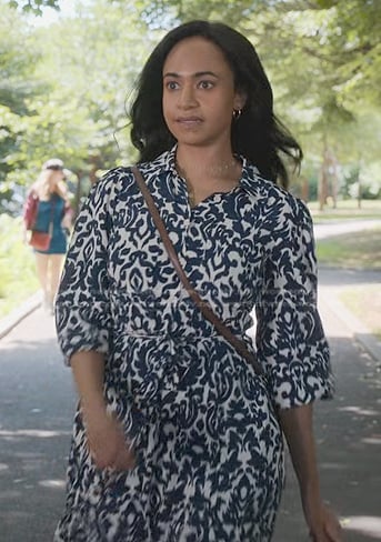 Jessica’s white and blue printed midi dress on Manifest
