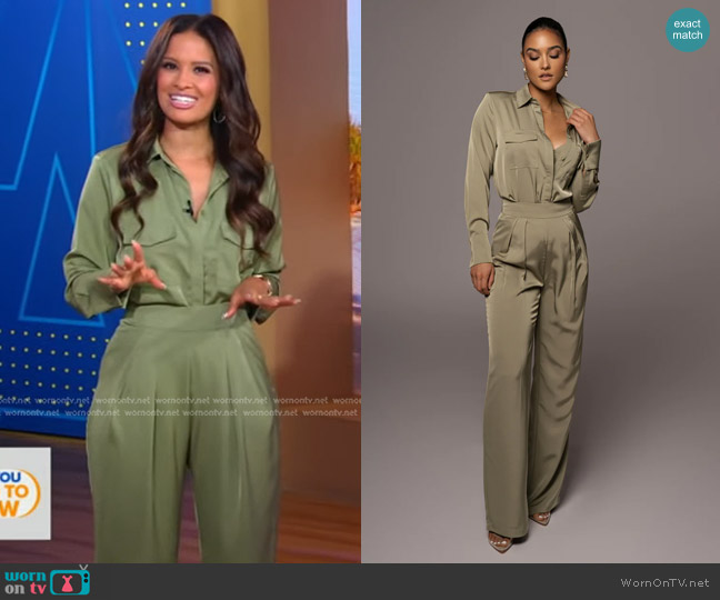 Jlux Label Misty Button Up Top in Olive worn by Rocsi Diaz on Good Morning America