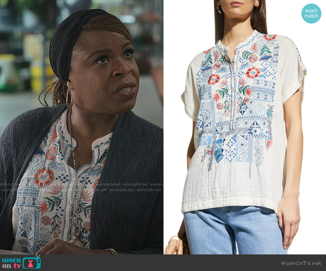 Johnny Was Chrisley Floral-Embroidered Blouse worn by Bethany Collins (Mugga) on Manifest