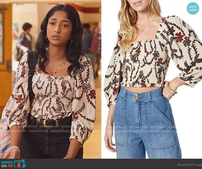 Joie Benison Smocked Square Neck Puff Sleeve Top worn by Devi Vishwakumar (Maitreyi Ramakrishnan) on Never Have I Ever