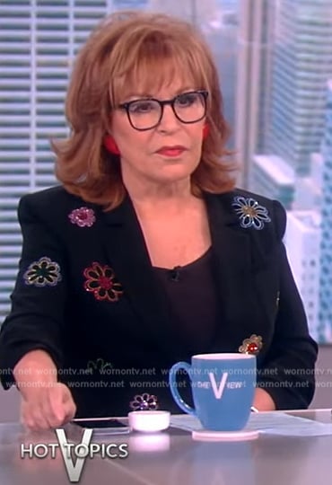 Joy’s black floral embellished blazer on The View