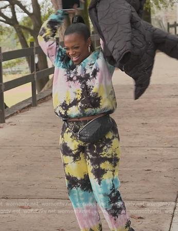 Kandi’s rainbow tie dye sweatshirt and pants on The Real Housewives of Atlanta