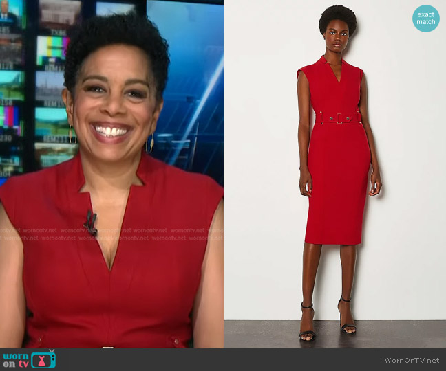 Karen Millen Forever Cinch Waist Cap Sleeve Pencil Dress worn by Sharon Epperson on NBC News Daily