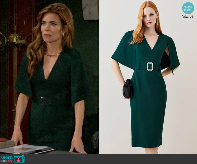 Karen Millen Compact Stretch Viscose Cape Pencil Midi Dress in Forest worn by Victoria Newman (Amelia Heinle) on The Young and the Restless