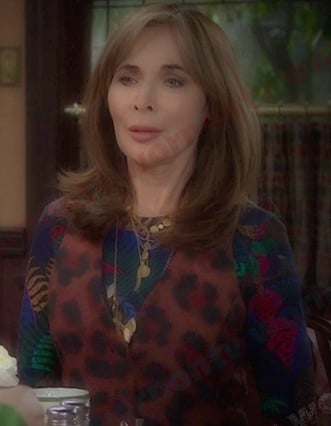 Kate’s leaf print dress and leopard vest on Days of our Lives