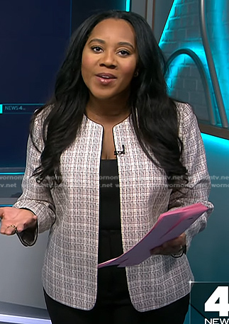 Kay Angrum’s white plaid open jacket on NBC News Daily