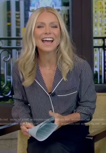 Kelly’s black stripe pajama style blouse on Live with Kelly and Mark